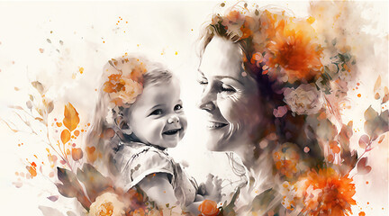 Happy mother's day! Child congratulates mom and gives her flowers. Mum and girl smiling and hugging. Family holiday and togetherness. AI generated.