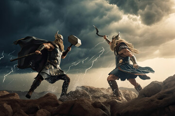 Fototapeta premium Thor versus Loki in a battle with thunder in the background (Created with Generative AI)
