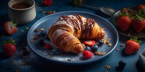 Delicious croissant dessert and ripe berries on the table close-up
