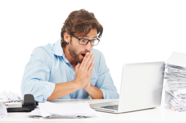 Shocked, mistake and business man with laptop and glitch, paperwork or internet problem surprise. Male accountant with anxiety, technology fail and news email isolated on transparent, png background