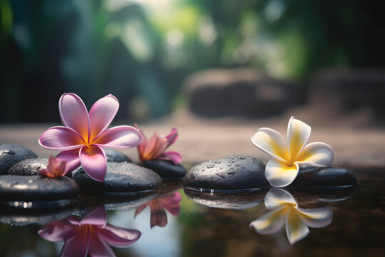 frangipani flower over a stone in the river, Massage spa image in Thailand