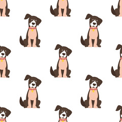 Obraz na płótnie Canvas Seamless pattern with funny sitting dog. Cute pet, texture. Wallpaper with a doggy in collar. Kids pattern with domestic animal.