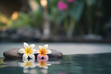 Obraz na płótnie Canvas frangipani flower over a stone in the river, Massage spa image in Thailand