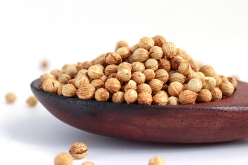 close up Coriander seeds in a wooden spoon on white background