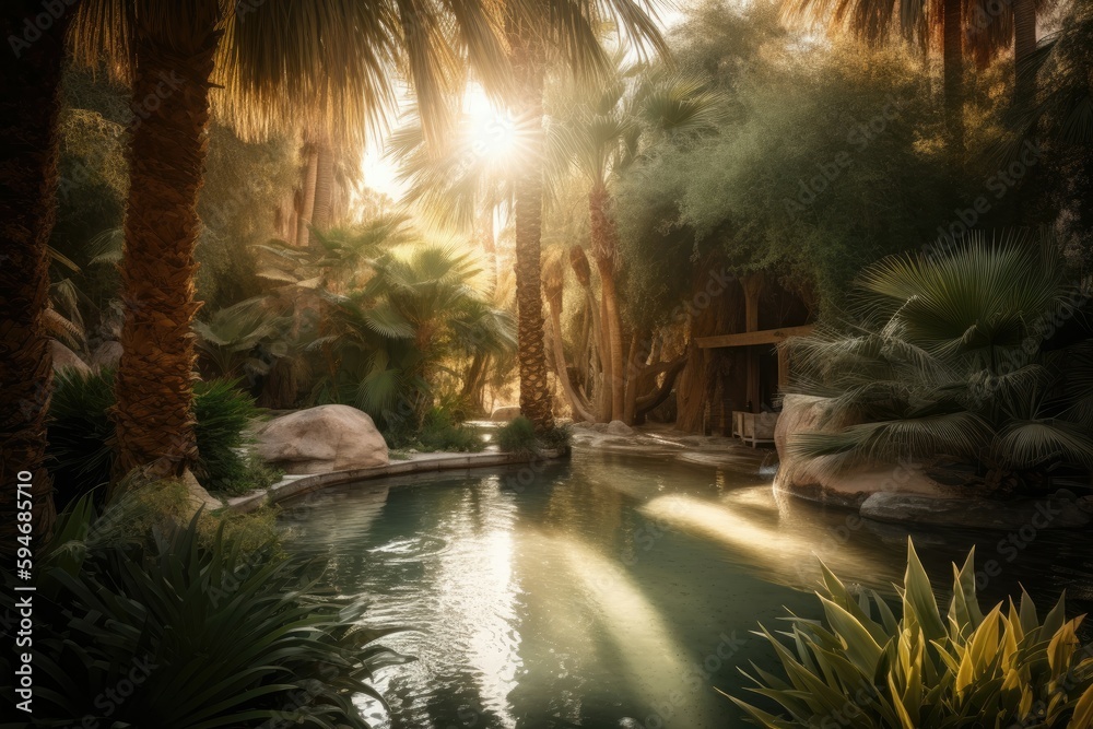 Poster Desert oasis, with a sparkling pool of water surrounded by palm trees and other lush vegetation. Generative AI