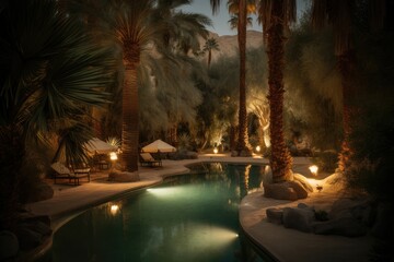 Desert oasis, with a sparkling pool of water surrounded by palm trees and other lush vegetation. Generative AI