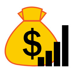 A bag of dollars with growing statistics. The concept of rising prices, rising dollar. Vector illustration isolated on white background.