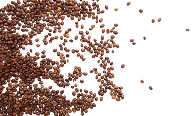 Roasted coffee beans isolated on white background.