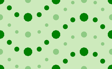 Seamless pattern of large and small green decagon symbols. The elements are arranged in a wavy. Vector illustration on light green background
