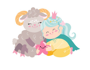 Zodiac signs cute illustration flat.
little princess with sheep like Aries astrological sign.
Colorful vector baby illustration isolated on white background. Astrological symbol as a cartoon character