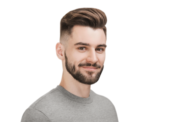 Closeup portrait of handsome smiling young man isolated in transparent PNG. Laughing joyful cheerful men studio shot