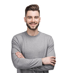 Handsome smiling young man with folded arms isolated transparent PNG, Joyful cheerful businessman...