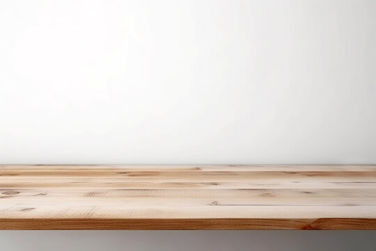 Wooden tabletop with white wall on background for display or montage. Free space wood table top. AI generated image