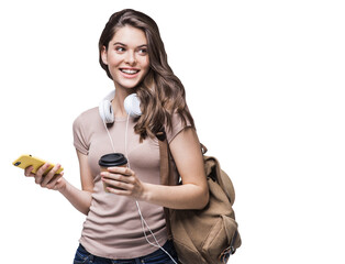 Young beautiful woman with backpack holding smart phone and coffee isolated transparent PNG, Smiling student girl going on travel - 594688103