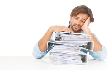 Accountant, thinking and man with stack of folders isolated on transparent png background. Accounting, pile of documents and sad business person, depressed or fatigue, overwork or stress with burnout - obrazy, fototapety, plakaty