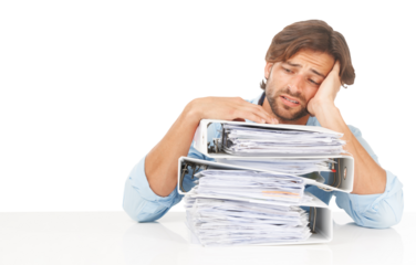 Accountant, thinking and man with stack of folders isolated on transparent png background. Accounting, pile of documents and sad business person, depressed or fatigue, overwork or stress with burnout