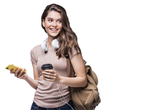 Young beautiful woman with backpack holding smart phone and coffee isolated transparent PNG, Smiling student girl going on travel