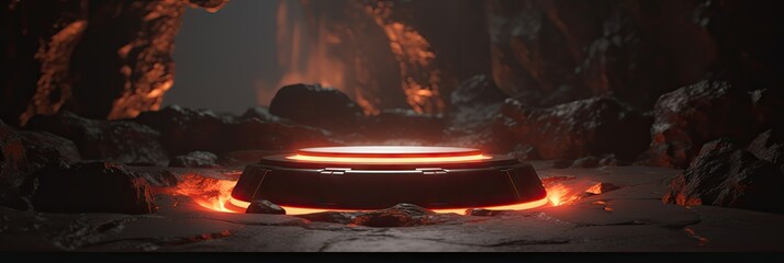 A 3 podium with lava cracks. Sсi-fi scene in black with a glow of fire. Game background with the effect of hell. Generate AI.
