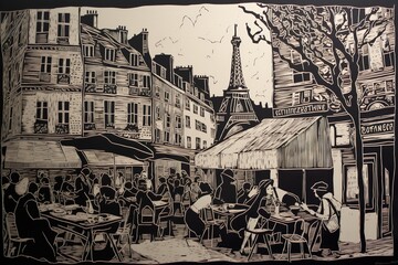 Alte Stadtansicht als Illustration oder Holzstich. (Generative AI)