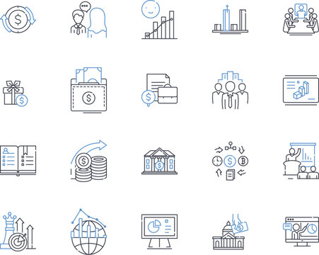Financial modeling and simulation line icons collection. Forecasting, Analysis, Simulation, Projections, Planning, Valuation, Optimization vector and linear illustration. Scenarios,Sensitivity,Risk