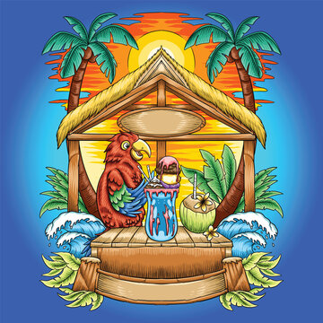 Parrot Chilling on Beach Cartoon
