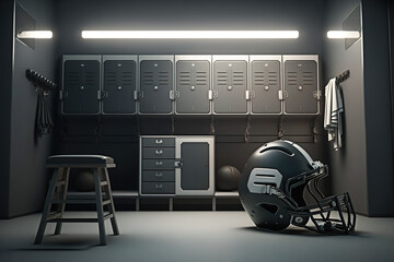 American football locker room with equipment and helmet. Generative AI.
