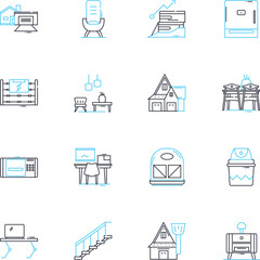 Design emporium linear icons set. Aesthetics, Creativity, Innovation, Style, Elegance, Craftsmanship, Modernity line vector and concept signs. Minimilism,Functionality,Sophistication outline