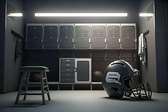 American Football Locker Room With Equipment And Helmet. Generative AI.