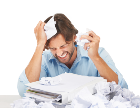 Angry business man, frustrated and crumpled paper with shout, mistake and anxiety by png background. Isolated businessman, paperwork and documents with audit, burnout and stress on face at company