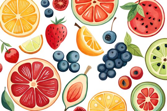 Watercolor fruits drinks, summer clipart,  created using generative AI technology