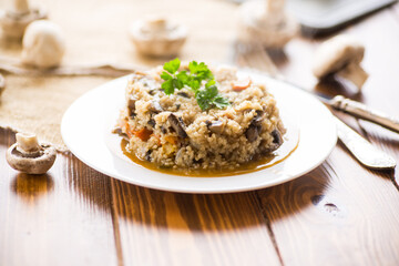cooked bulgur with mushrooms, carrots and vegetables in a plate