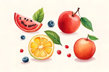 Fototapeta premium Watercolor summer Fruits, summer clipart, created using generative AI technology