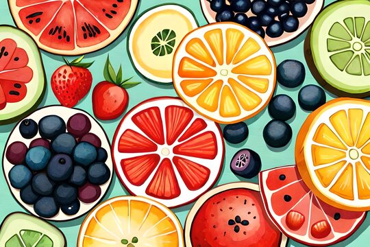 Watercolor summer fruits, summer clip art, created using generative AI technology