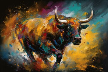 Expressionistic depiction of a charging bull, with bold, dynamic brushstrokes and intense colors. Generative AI