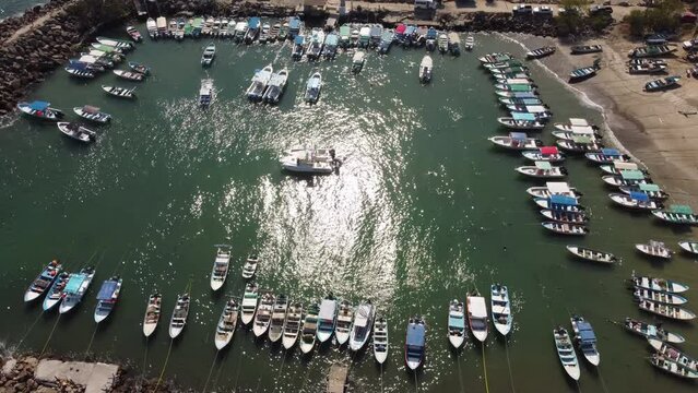 Aerial of boats at the marina in Punta Mita, Puerto Vallarta Mexico on a sunny day