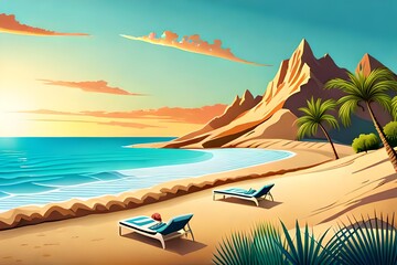 Fototapeta na wymiar Summer mood beach illustration, created using generative AI technology