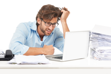 Laptop, business man and stress or frustrated with admin, internet glitch or paperwork problem. Male accountant depression, burnout and technology crisis isolated on transparent, png background