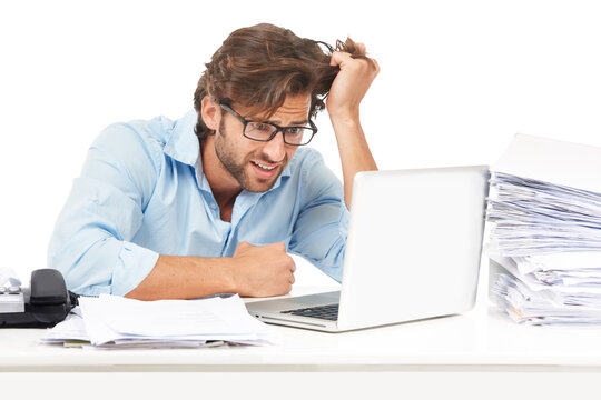 Laptop, Business Man And Stress Or Frustrated With Admin, Internet Glitch Or Paperwork Problem. Male Accountant Depression, Burnout And Technology Crisis Isolated On Transparent, Png Background