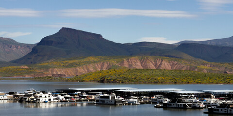Panorama of the marina and high water in spring 2023 at Theodore Roosevelt Lake in Arizona