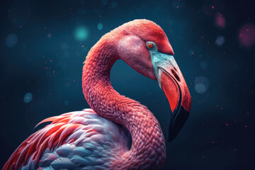 The picture features a gorgeous pink flamingo standing on one leg in shallow waters of a lake or river. It has a long slender neck, a curved beak, and pink and white feathers.  Generative AI, AI.