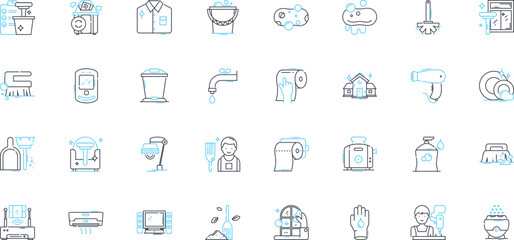 Janitorial business linear icons set. Cleaning, Maintenance, Sanitization, Disinfection, Sweeping, Mopping, Vacuuming line vector and concept signs. Scrubbing,Dusting,Polishing outline illustrations