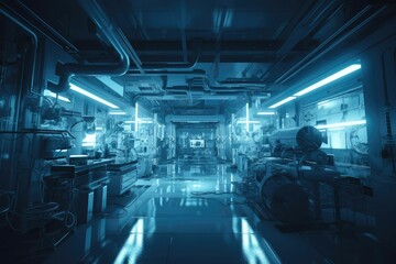High-tech laboratory, filled with advanced equipment and intricate machinery. The lighting is stark and clinical, casting harsh shadows and emphasizing the sterile atmosphere of the space. Generative 