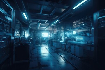 Fototapeta na wymiar High-tech laboratory, filled with advanced equipment and intricate machinery. The lighting is stark and clinical, casting harsh shadows and emphasizing the sterile atmosphere of the space. Generative 