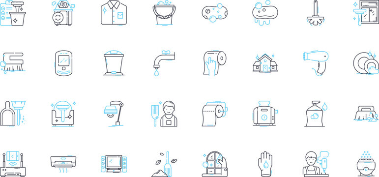 Janitorial business linear icons set. Cleaning, Maintenance, Sanitization, Disinfection, Sweeping, Mopping, Vacuuming line vector and concept signs. Scrubbing,Dusting,Polishing outline illustrations