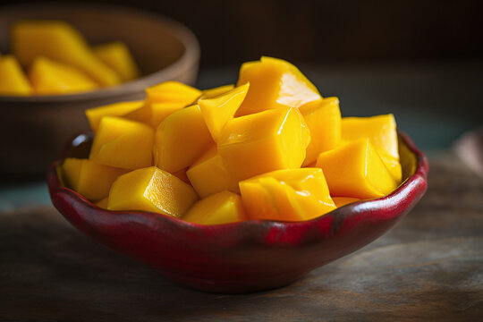 Morceaux de mangue fraiche dans un r&eacute;cipient en bois &raquo; IA g&eacute;n&eacute;rative