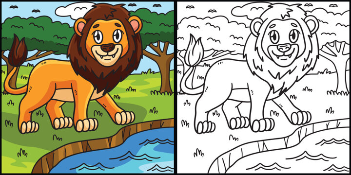 Lion Coloring Page Colored Illustration