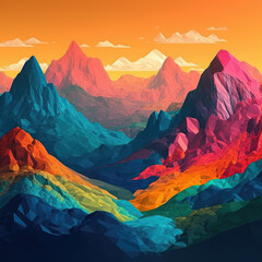 A beautiful illustration of mountains, rich in colors with vibrant hues that create a multi-colored and dynamic landscape. Generative AI, AI.
