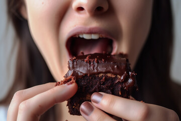 Gros plan sur la bouche d'une femme mangeant un gâteau au chocolat moelleux » IA générative