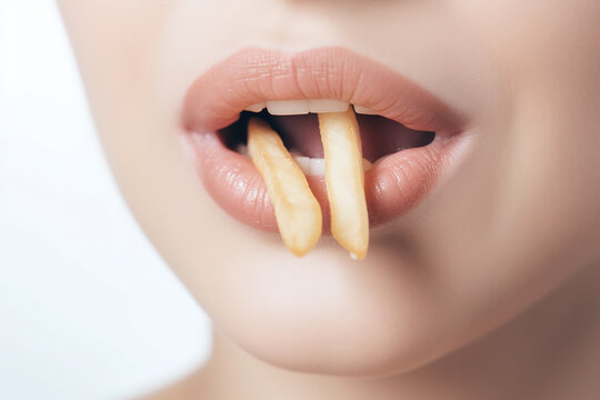 Gros plan sur la bouche d'une femme mangeant deux frites » IA générative