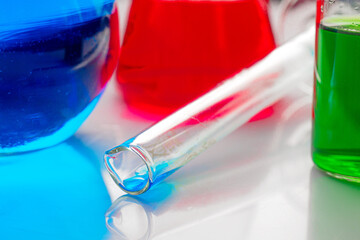Close-up photo of medical liquid tubes. Chemical and laboratory analyses. Experiments and tests. Background..
